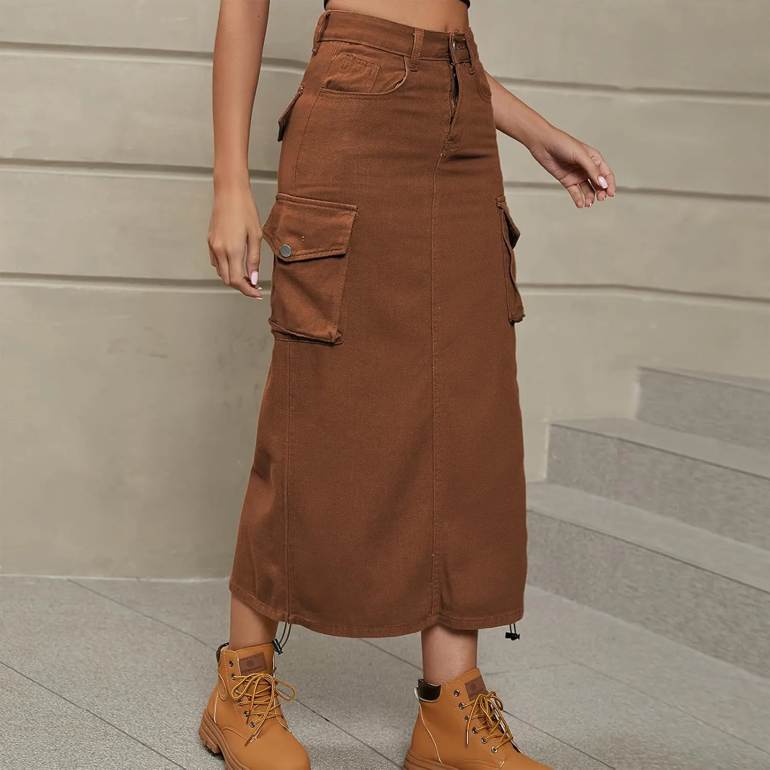 Women Denim Cargo Long Skirts High Waisted Pencil Skirt Midi Length Jean Skirt with Cargo Pockets