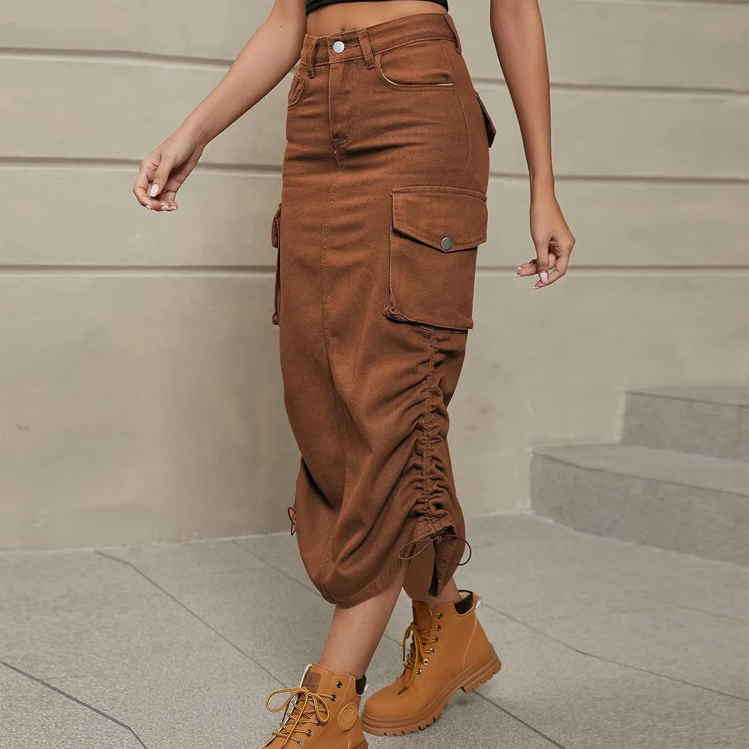 Women Denim Cargo Long Skirts High Waisted Pencil Skirt Midi Length Jean Skirt with Cargo Pockets