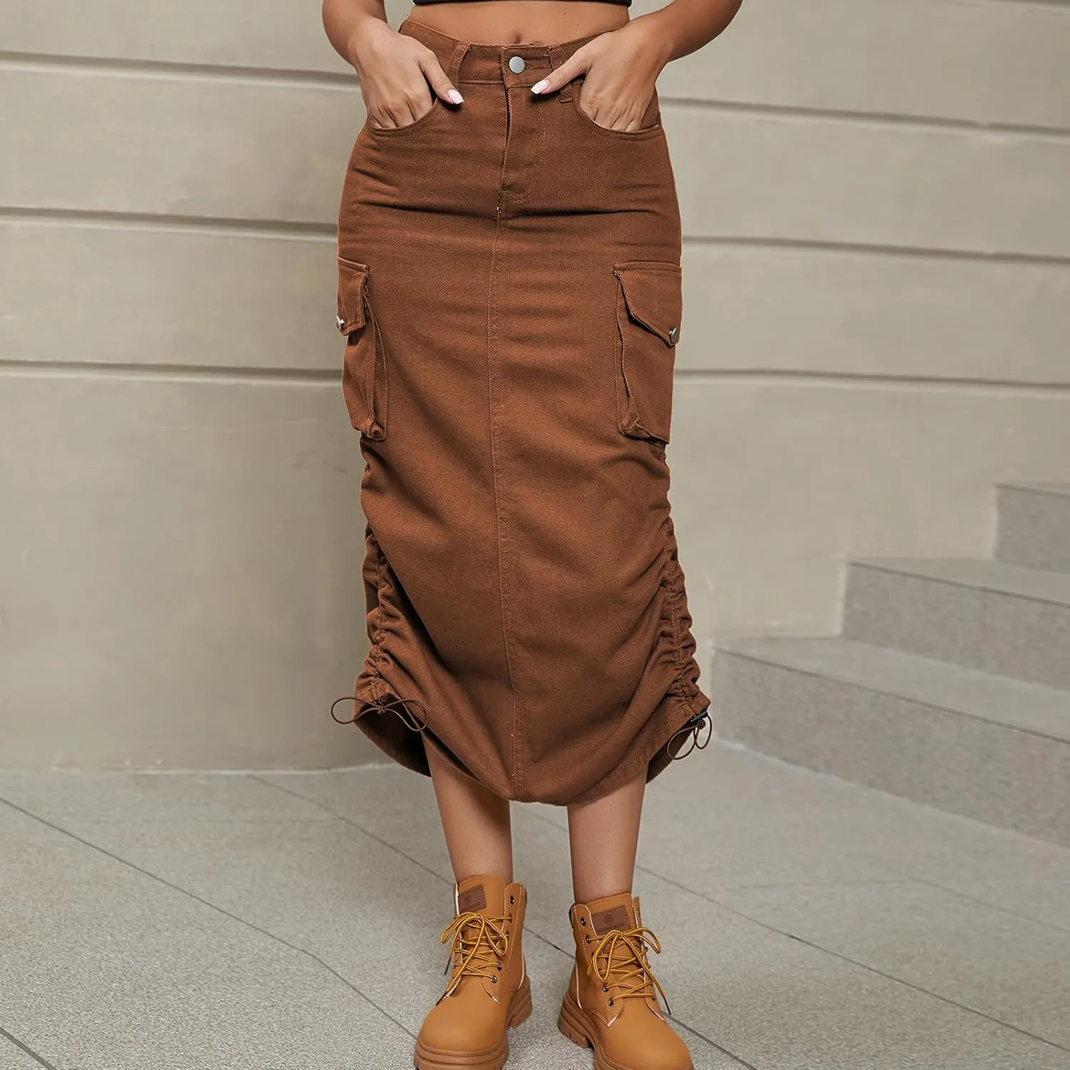 Women Denim Cargo Long Skirts High Waisted Pencil Skirt Midi Length Jean Skirt with Cargo Pockets