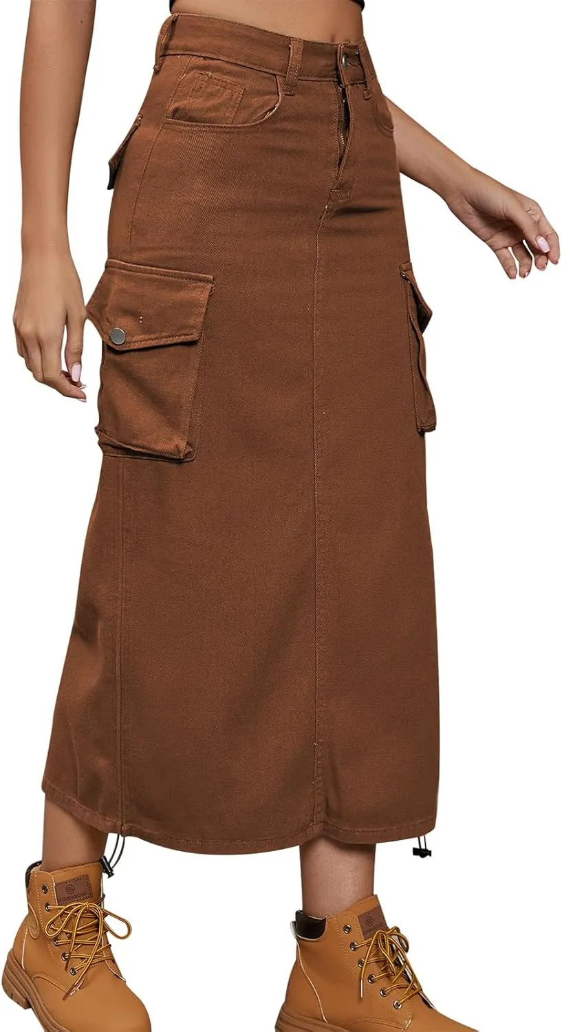 Women Denim Cargo Long Skirts High Waisted Pencil Skirt Midi Length Jean Skirt with Cargo Pockets