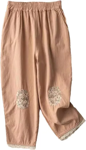 Women Flower Embroidery Casual Trousers Vintage Loose Slim Lace Wide Leg Harem Pants