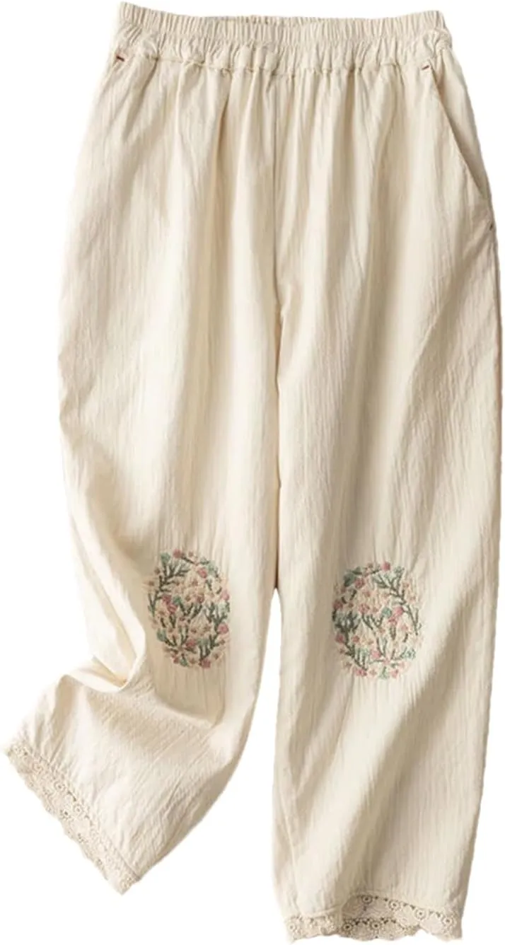 Women Flower Embroidery Casual Trousers Vintage Loose Slim Lace Wide Leg Harem Pants