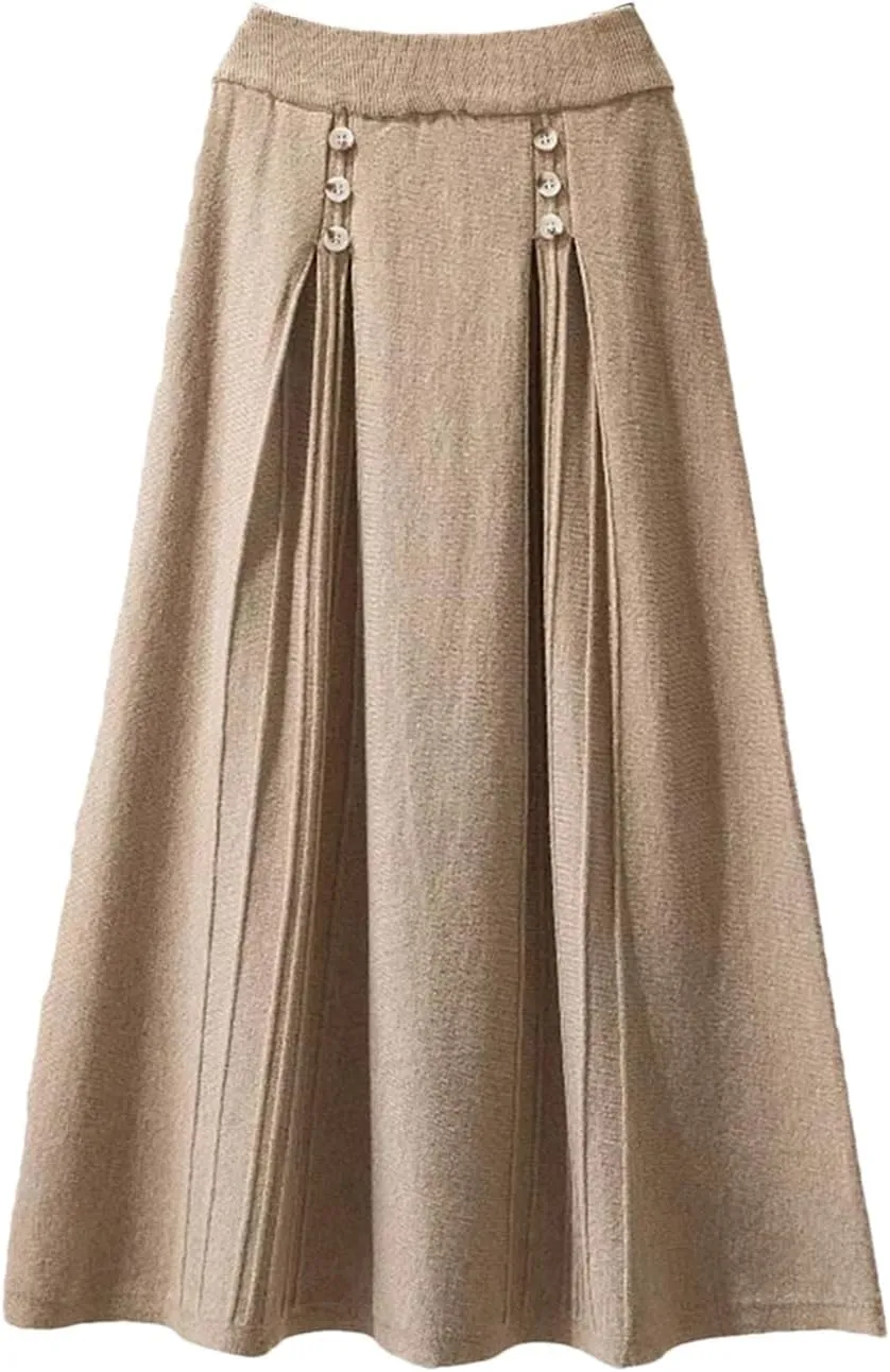 Women Knitted Long Skirt Autumn Winter Button A Line High Waist Pleated Midi Skirt