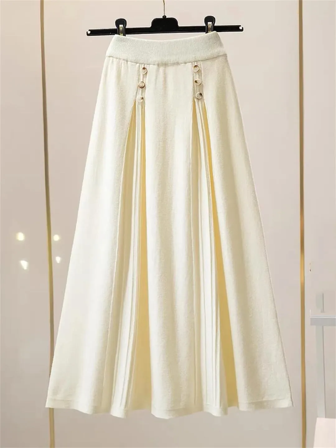 Women Knitted Long Skirt Autumn Winter Button A Line High Waist Pleated Midi Skirt