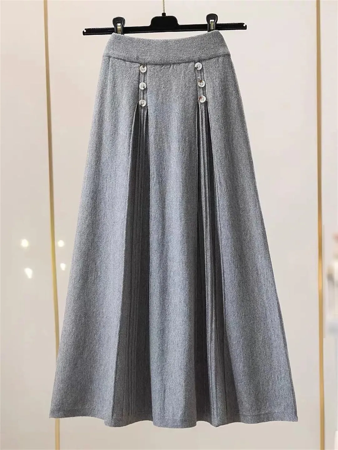 Women Knitted Long Skirt Autumn Winter Button A Line High Waist Pleated Midi Skirt