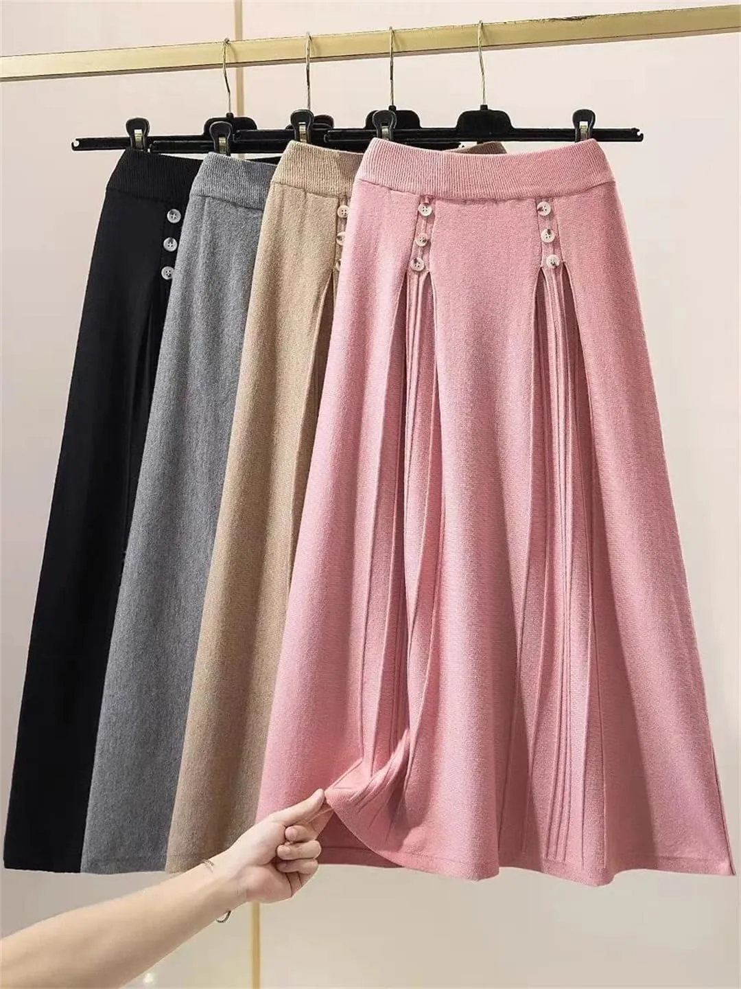 Women Knitted Long Skirt Autumn Winter Button A Line High Waist Pleated Midi Skirt