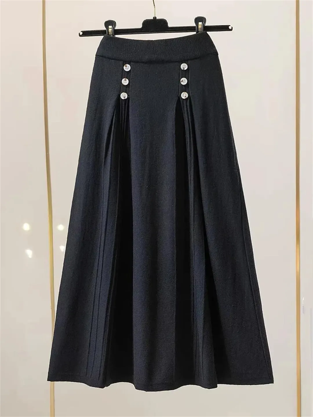 Women Knitted Long Skirt Autumn Winter Button A Line High Waist Pleated Midi Skirt