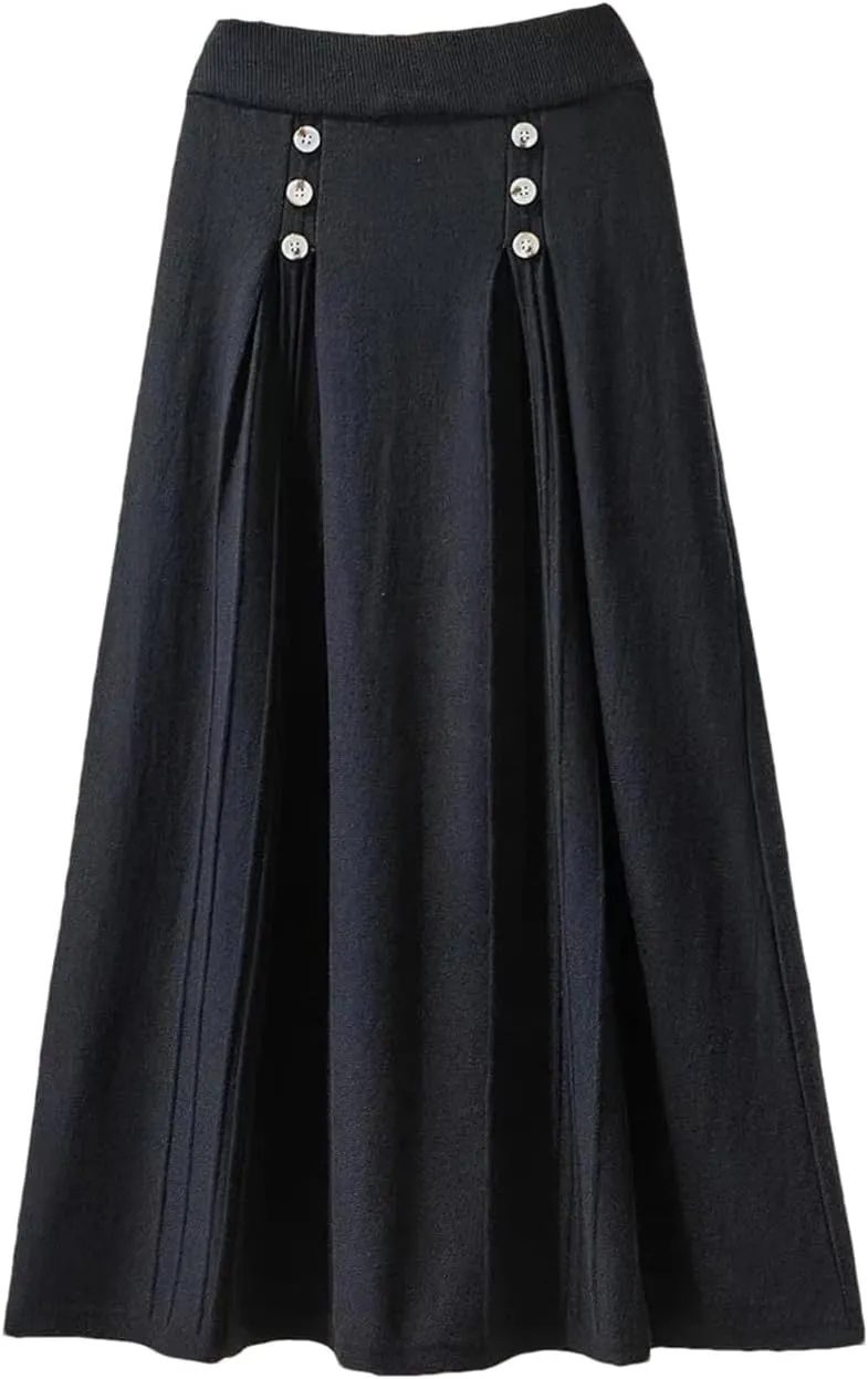 Women Knitted Long Skirt Autumn Winter Button A Line High Waist Pleated Midi Skirt