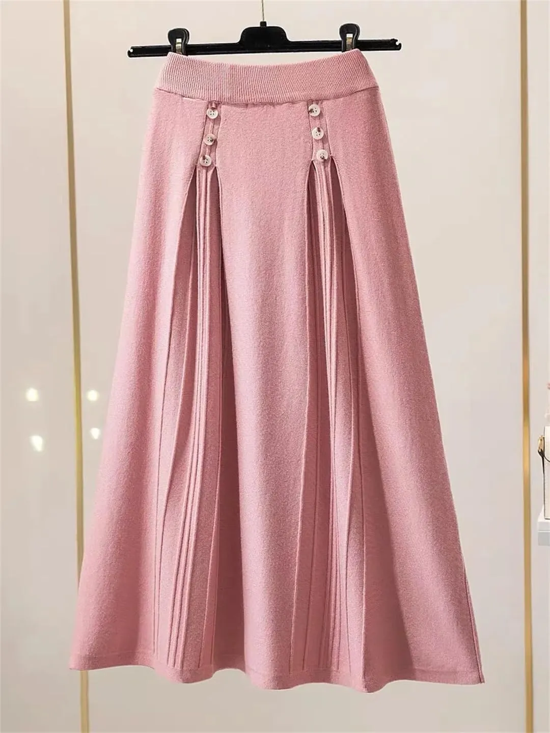Women Knitted Long Skirt Autumn Winter Button A Line High Waist Pleated Midi Skirt