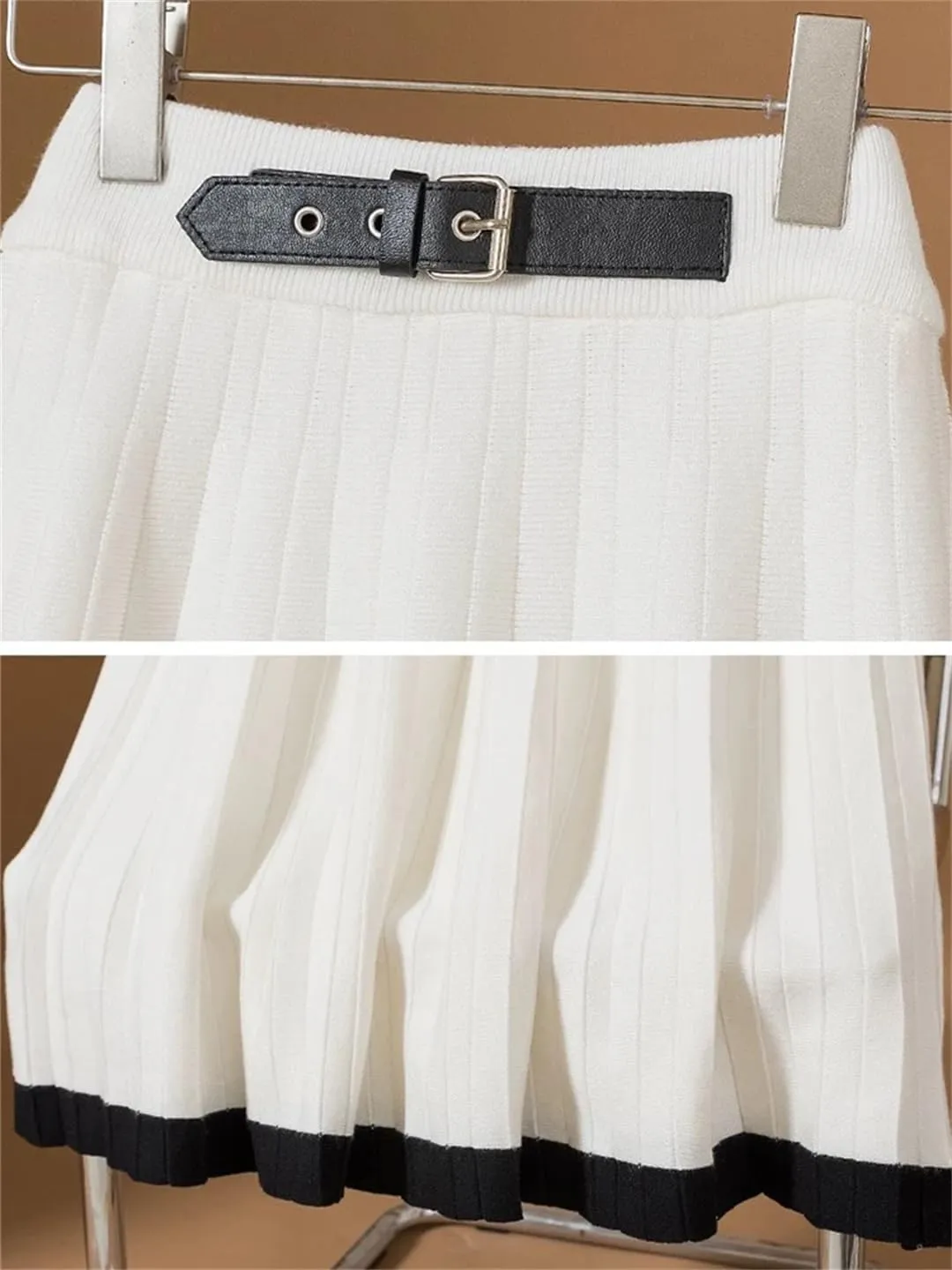 Women Knitted Long Skirt Autumn Winter Fashion Belt Contrast Hem A Line High Waist Pleated Midi Skirt