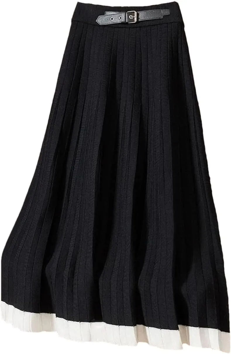 Women Knitted Long Skirt Autumn Winter Fashion Belt Contrast Hem A Line High Waist Pleated Midi Skirt