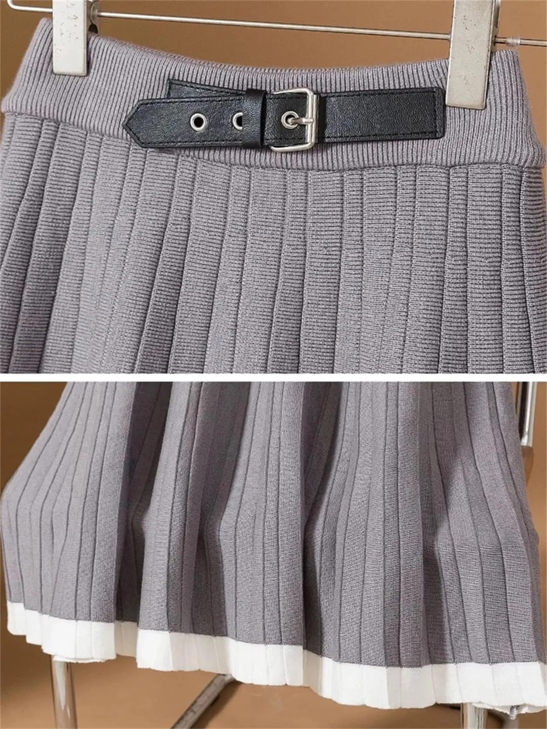 Women Knitted Long Skirt Autumn Winter Fashion Belt Contrast Hem A Line High Waist Pleated Midi Skirt