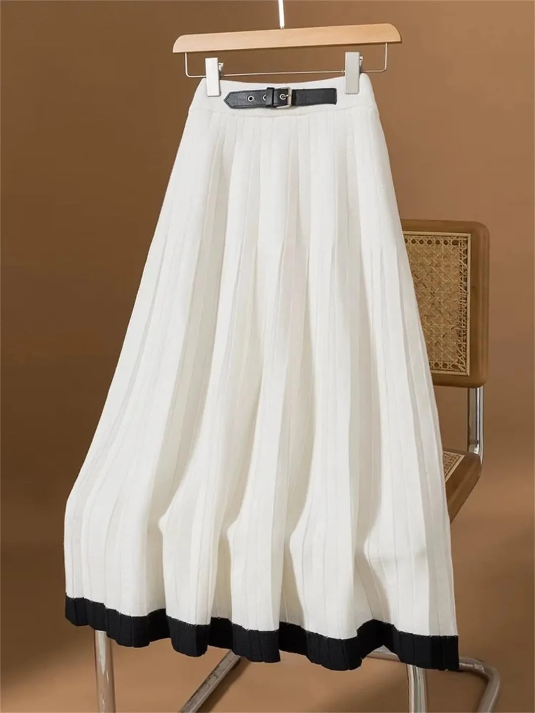 Women Knitted Long Skirt Autumn Winter Fashion Belt Contrast Hem A Line High Waist Pleated Midi Skirt