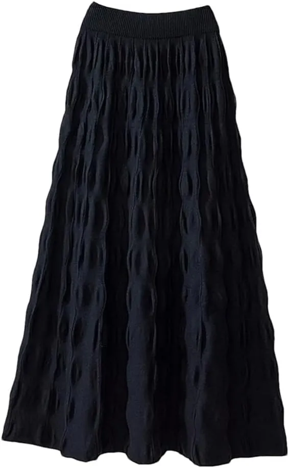 Women Knitted Long Skirt Autumn Winter Korean Folds A Line High Waist Pleated Midi Skirt