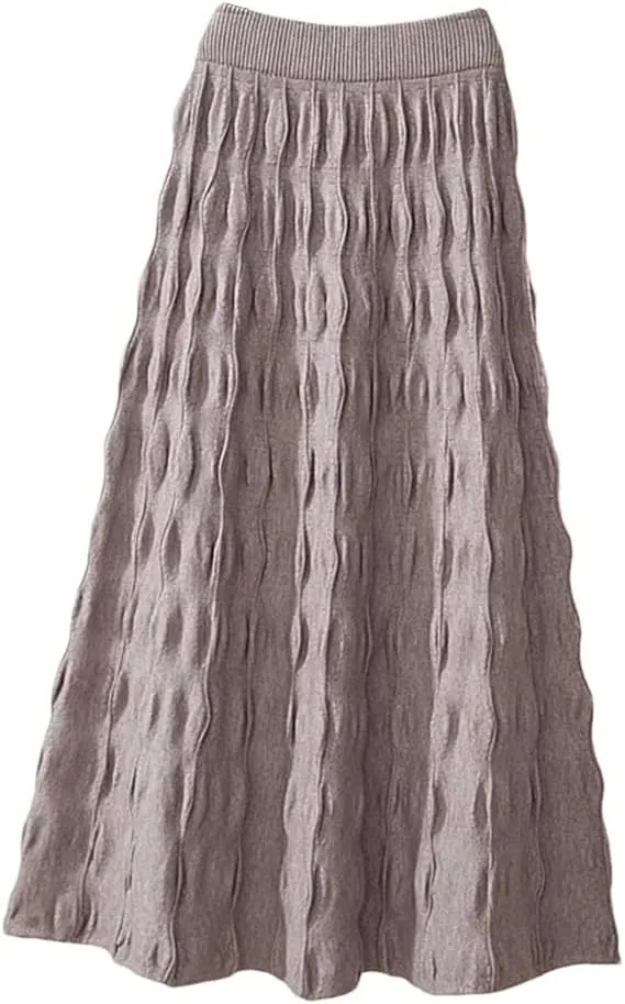Women Knitted Long Skirt Autumn Winter Korean Folds A Line High Waist Pleated Midi Skirt