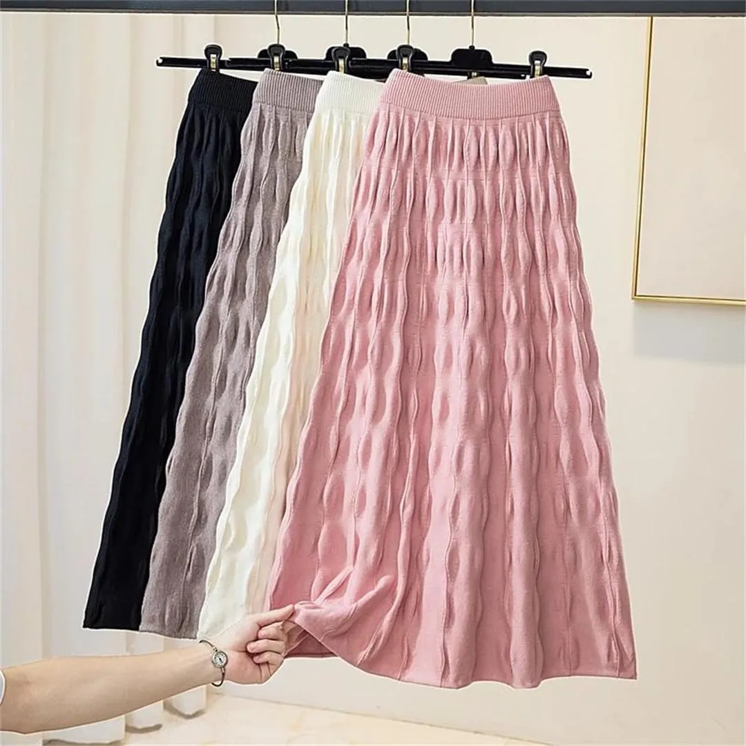 Women Knitted Long Skirt Autumn Winter Korean Folds A Line High Waist Pleated Midi Skirt