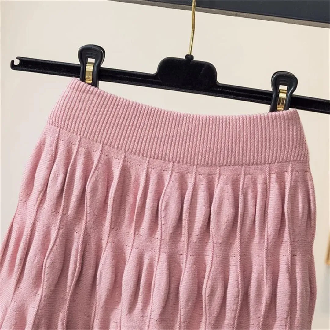 Women Knitted Long Skirt Autumn Winter Korean Folds A Line High Waist Pleated Midi Skirt