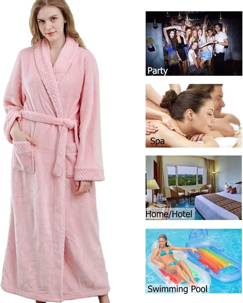 Women Long Fleece Robe Soft Fluffy Plush Bathrobe Nightgown Sleepwear Housecoats