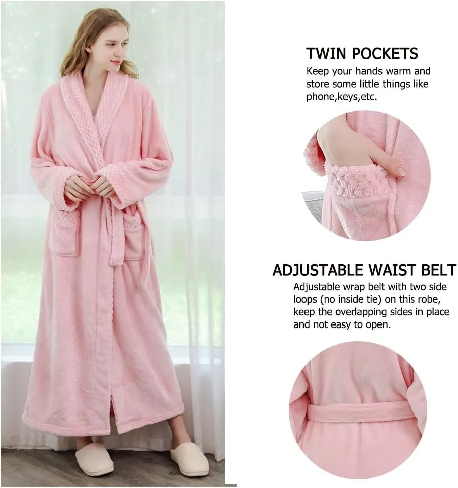 Women Long Fleece Robe Soft Fluffy Plush Bathrobe Nightgown Sleepwear Housecoats