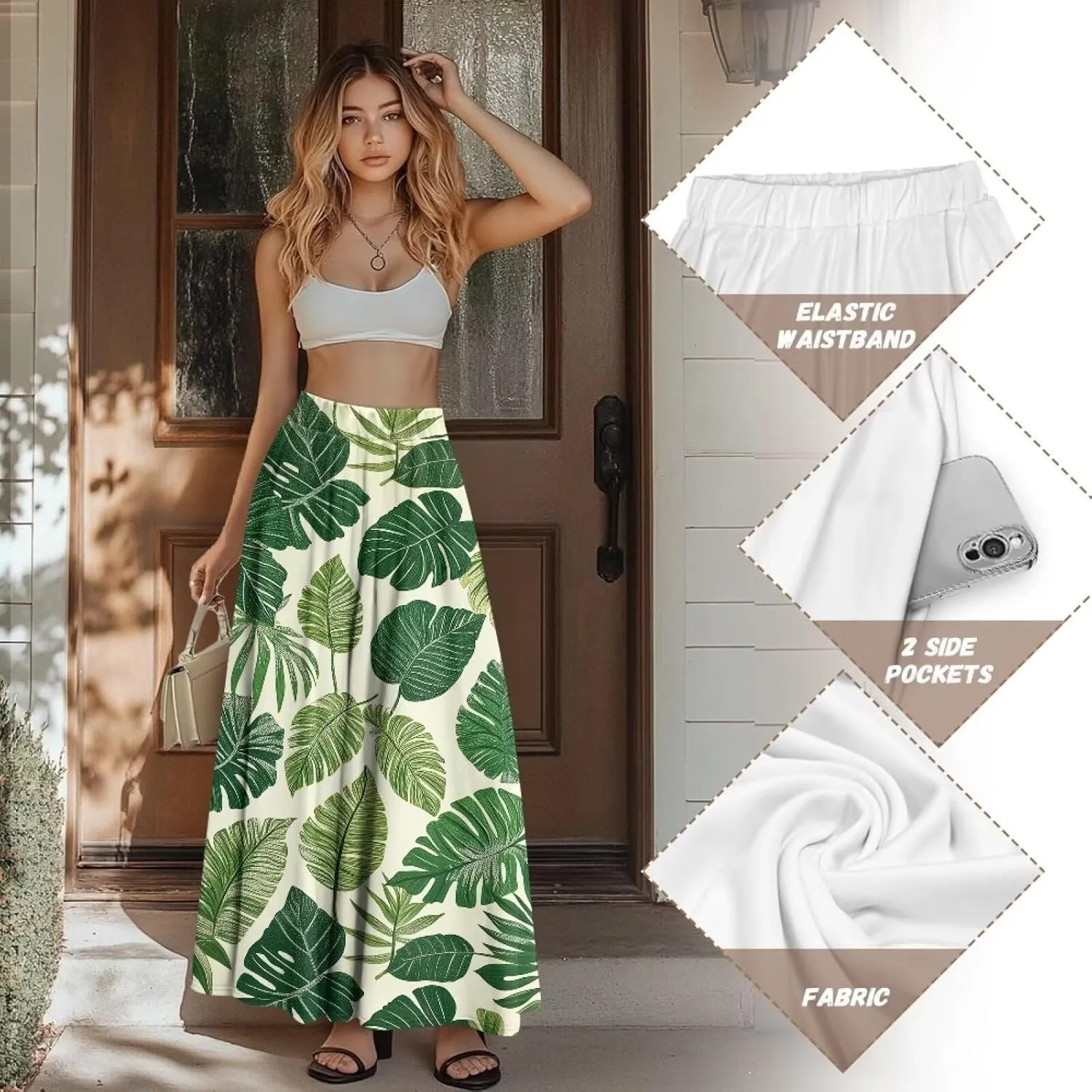 Women Long Skirts with Pockets Bohemian Casual Flowy High Waisted Ankle Length Maxi Skirt for Party Prom