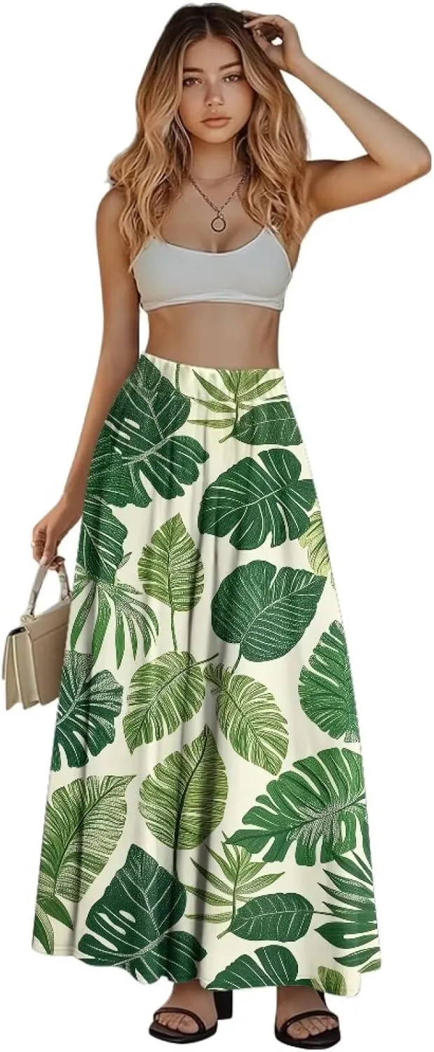 Women Long Skirts with Pockets Bohemian Casual Flowy High Waisted Ankle Length Maxi Skirt for Party Prom