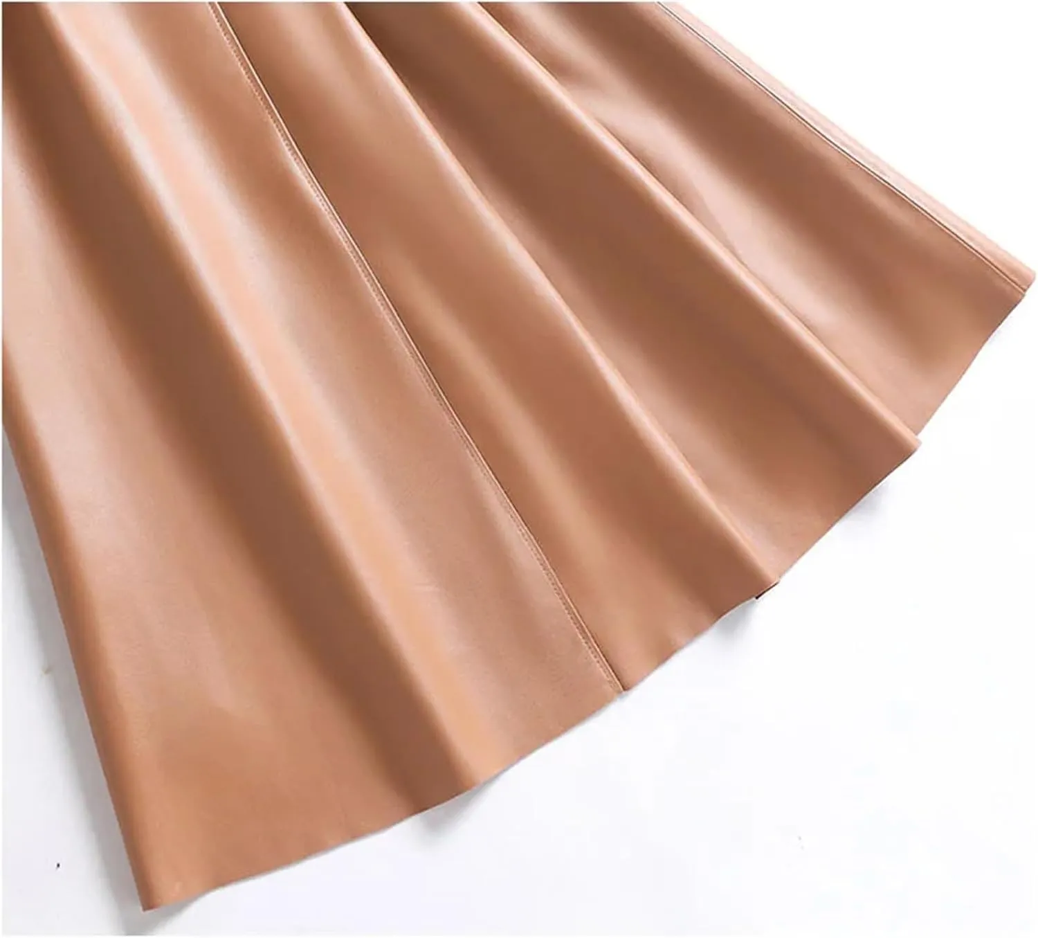 Women Mid-Length Leather Skirts High Waisted Sheepskin Buckle A-Line Asymmetric Pleated Leather Skirt