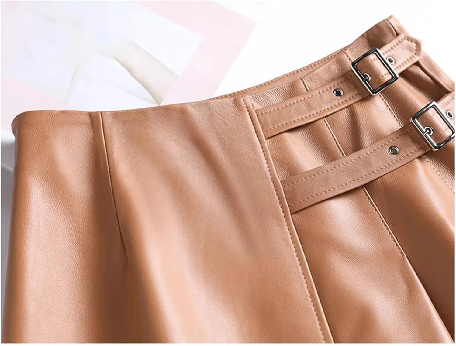 Women Mid-Length Leather Skirts High Waisted Sheepskin Buckle A-Line Asymmetric Pleated Leather Skirt