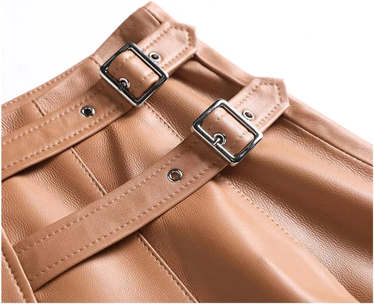 Women Mid-Length Leather Skirts High Waisted Sheepskin Buckle A-Line Asymmetric Pleated Leather Skirt