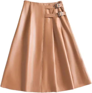 Women Mid-Length Leather Skirts High Waisted Sheepskin Buckle A-Line Asymmetric Pleated Leather Skirt
