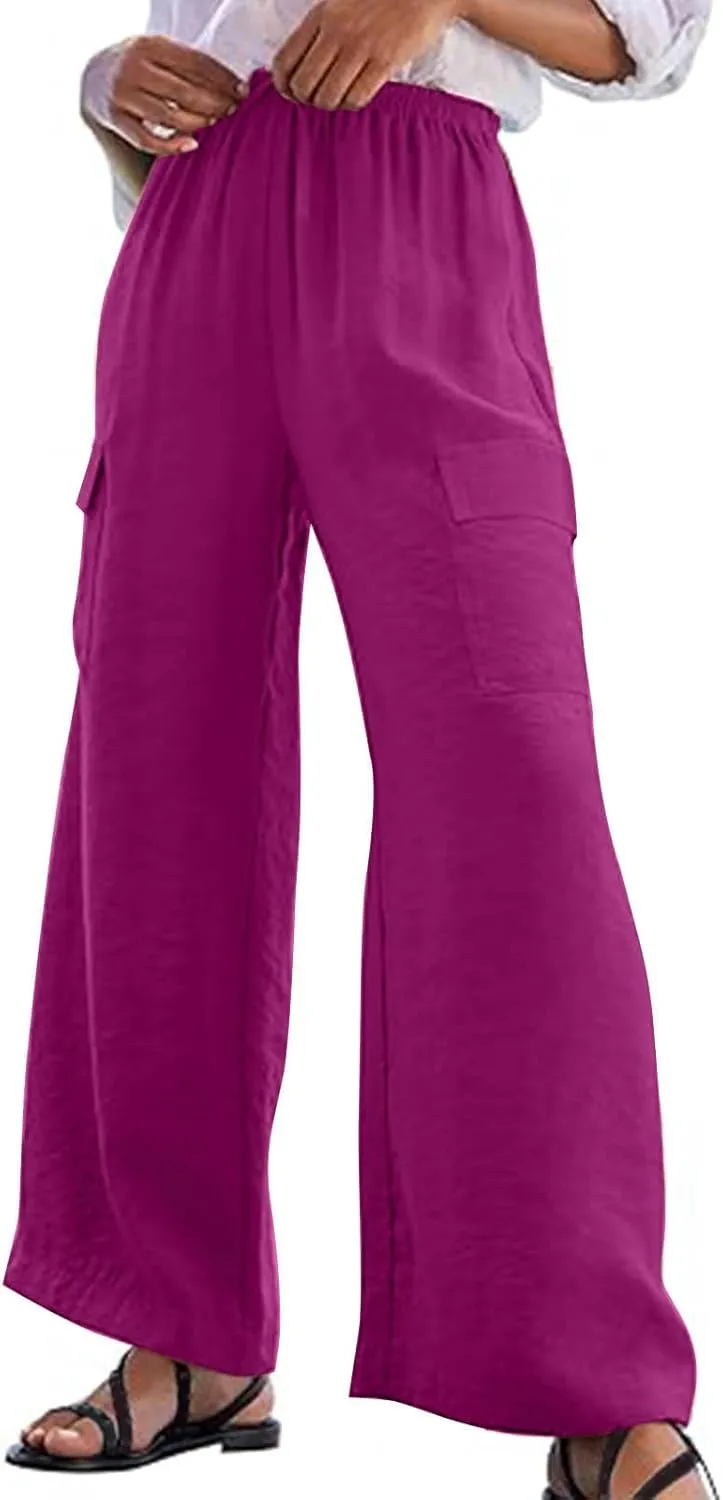 Women Palazzo Pants with Pockets Summer Casual Wide Leg High Waist Lounge Pants Flowy Beach Trousers Travel