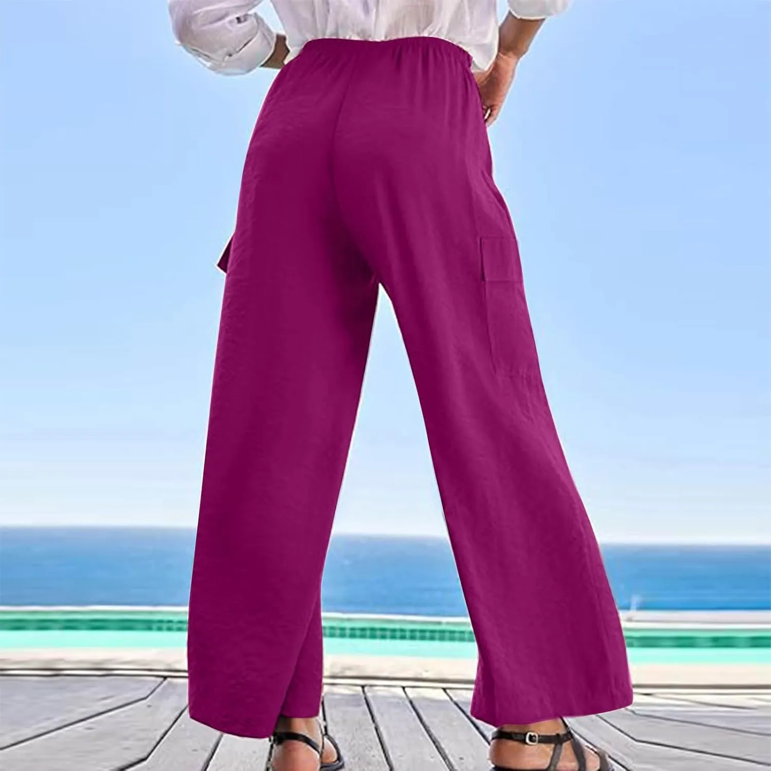 Women Palazzo Pants with Pockets Summer Casual Wide Leg High Waist Lounge Pants Flowy Beach Trousers Travel