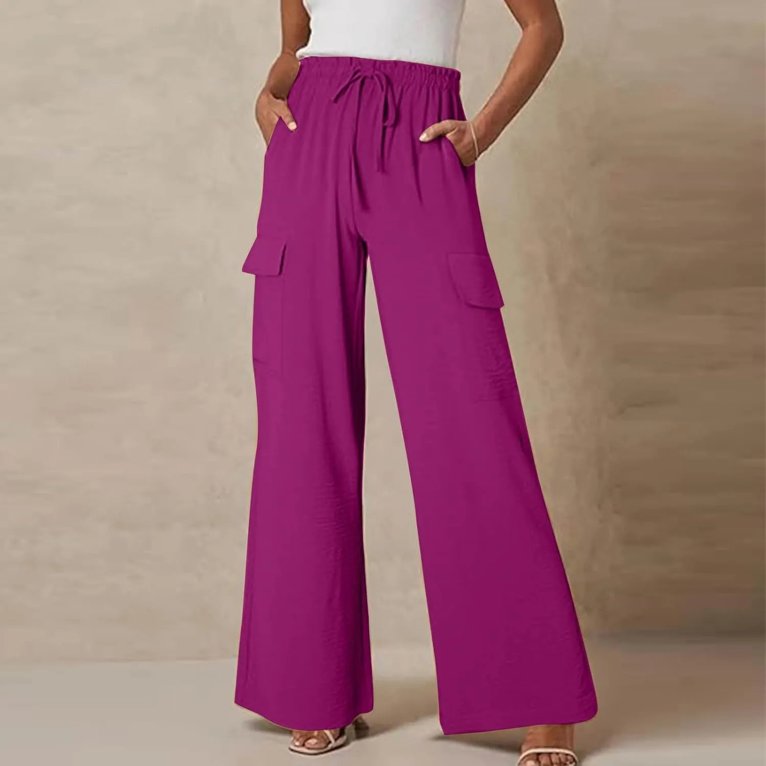Women Palazzo Pants with Pockets Summer Casual Wide Leg High Waist Lounge Pants Flowy Beach Trousers Travel