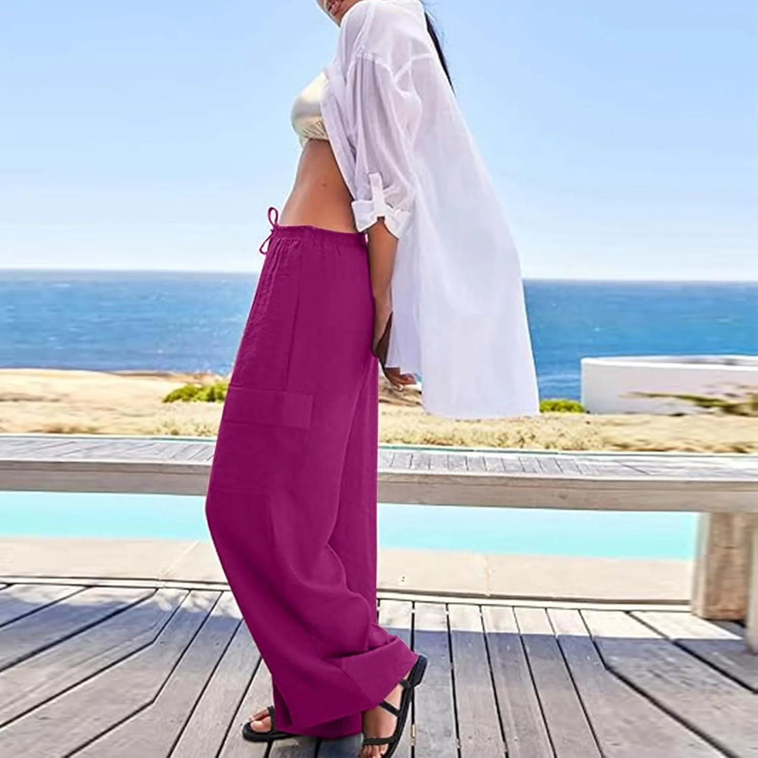 Women Palazzo Pants with Pockets Summer Casual Wide Leg High Waist Lounge Pants Flowy Beach Trousers Travel