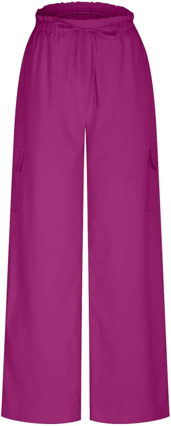 Women Palazzo Pants with Pockets Summer Casual Wide Leg High Waist Lounge Pants Flowy Beach Trousers Travel