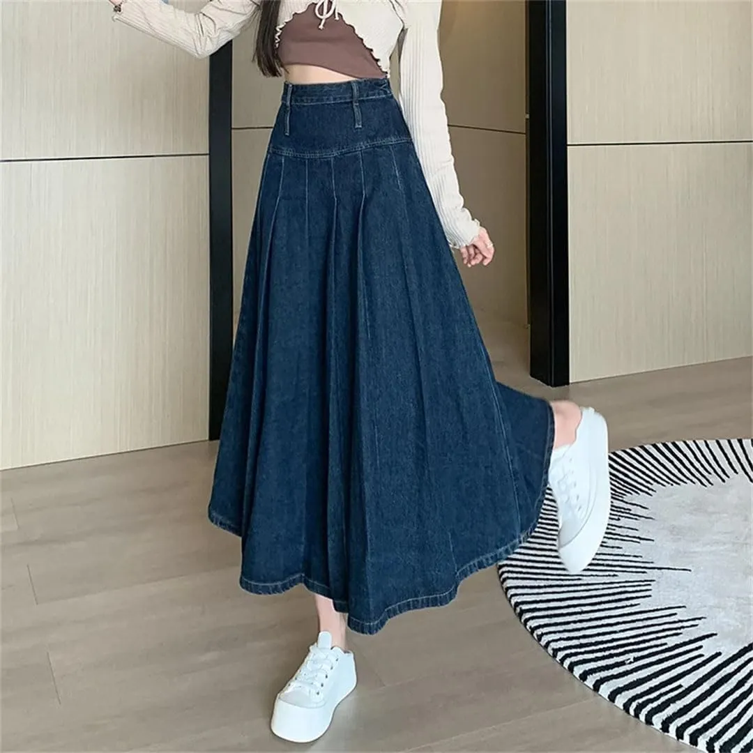 Women Pleated Jeans Skirts High Waist Long Washing Straight Loose Denim Midi Skirts