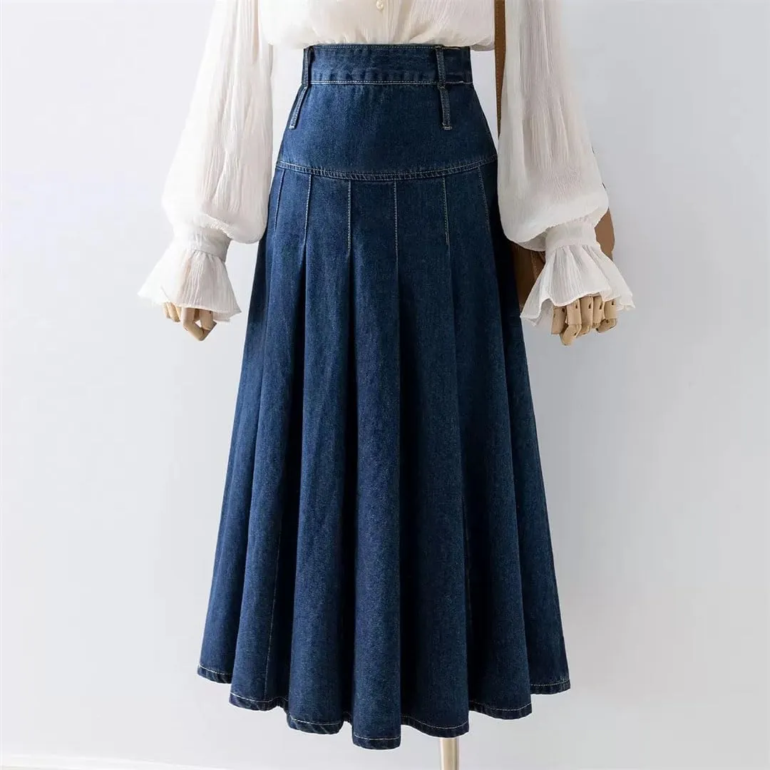 Women Pleated Jeans Skirts High Waist Long Washing Straight Loose Denim Midi Skirts