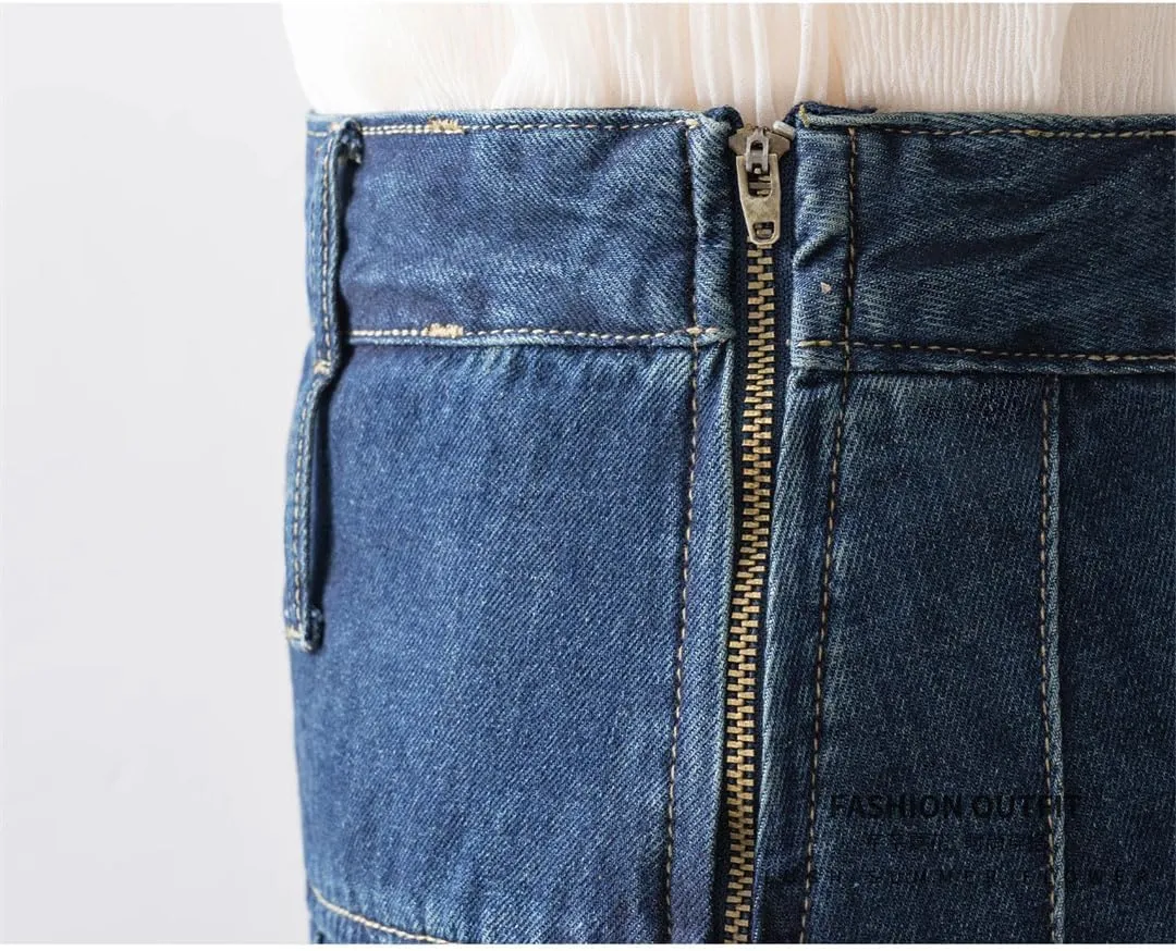 Women Pleated Jeans Skirts High Waist Long Washing Straight Loose Denim Midi Skirts