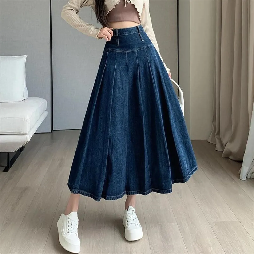 Women Pleated Jeans Skirts High Waist Long Washing Straight Loose Denim Midi Skirts