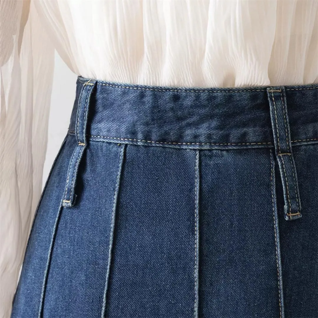 Women Pleated Jeans Skirts High Waist Long Washing Straight Loose Denim Midi Skirts