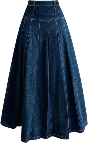 Women Pleated Jeans Skirts High Waist Long Washing Straight Loose Denim Midi Skirts