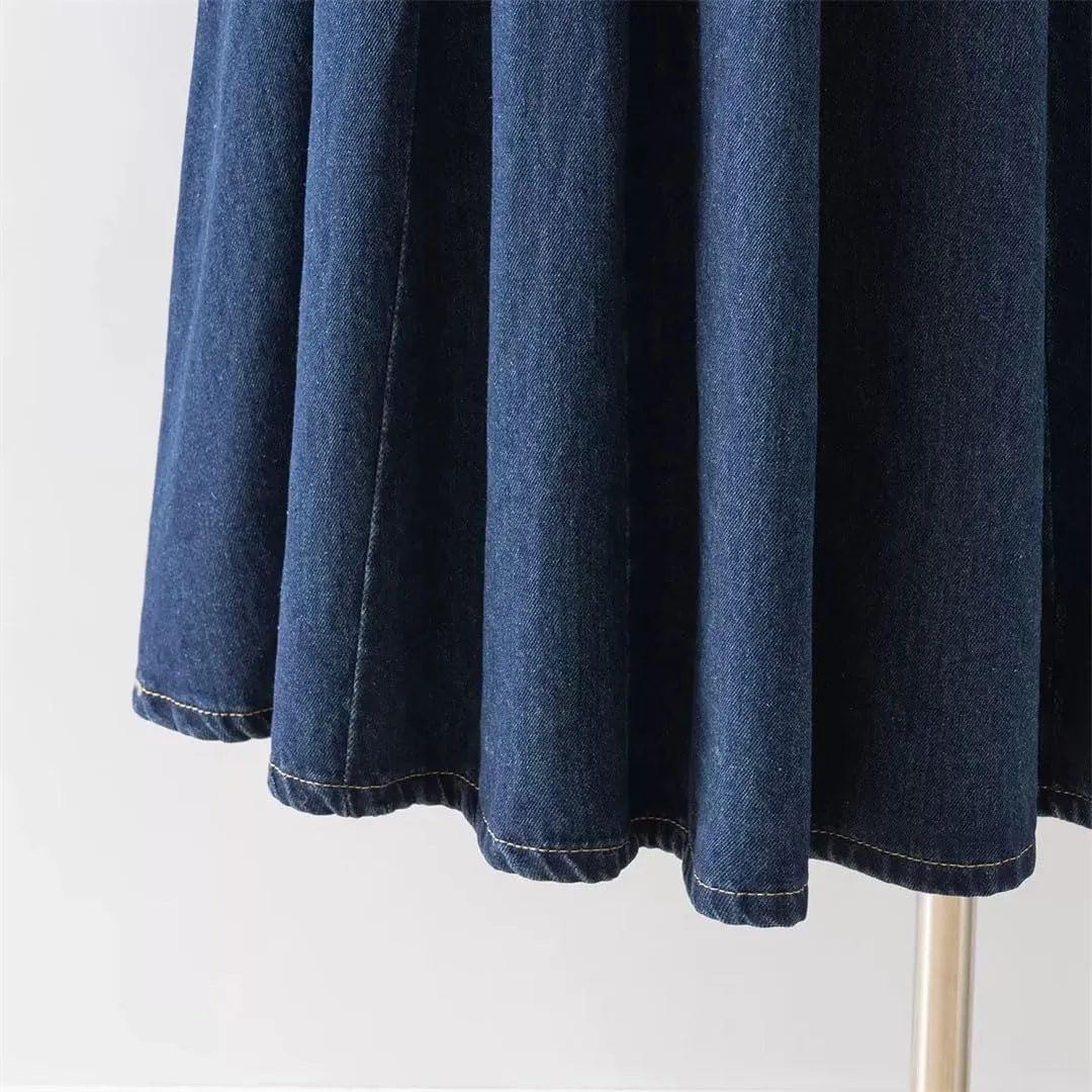 Women Pleated Jeans Skirts High Waist Long Washing Straight Loose Denim Midi Skirts
