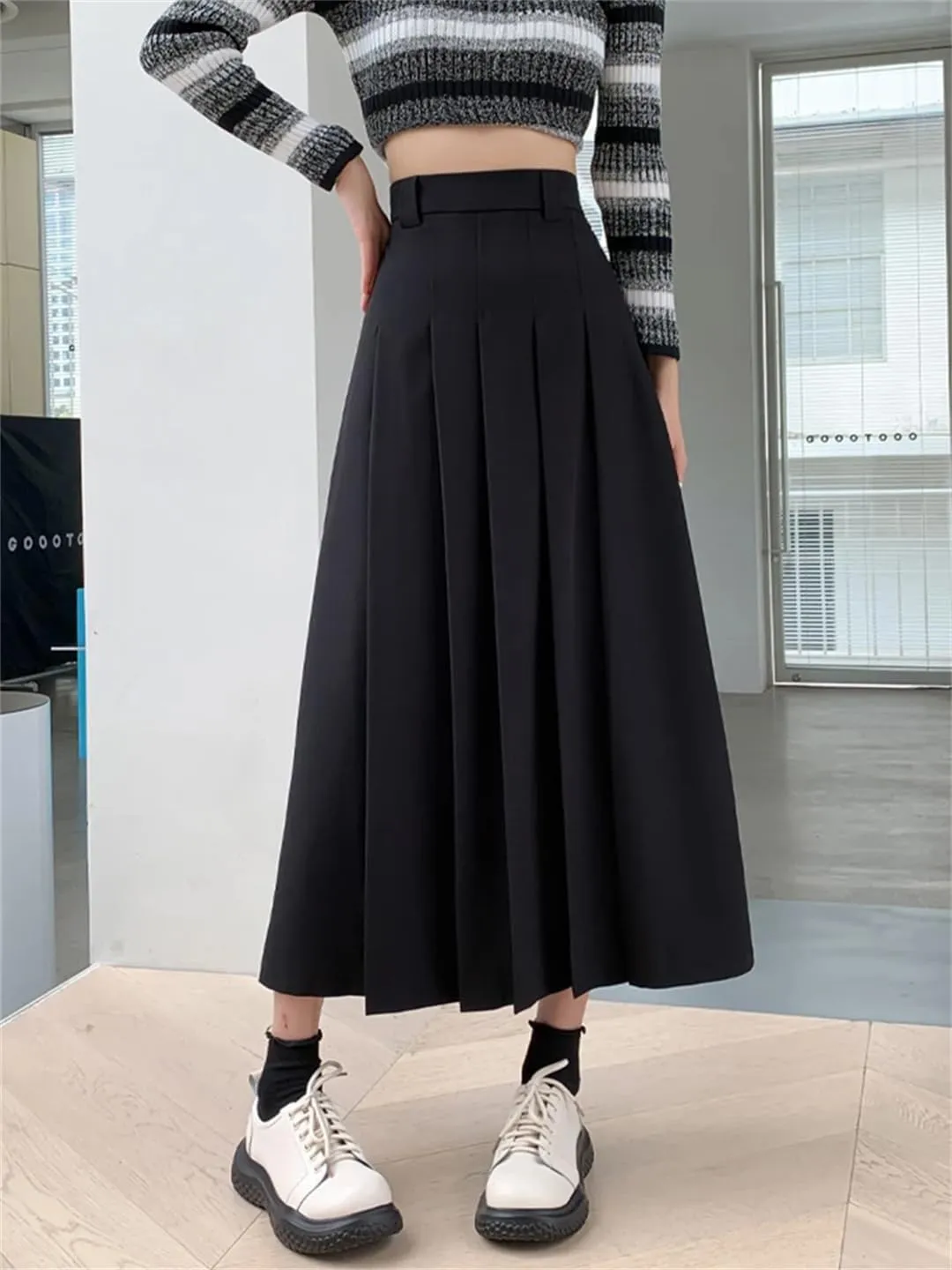 Women Pleated Suit Skirt Autumn Elegant Solid All-Match Office A Line High Waist Midi Long Skirt