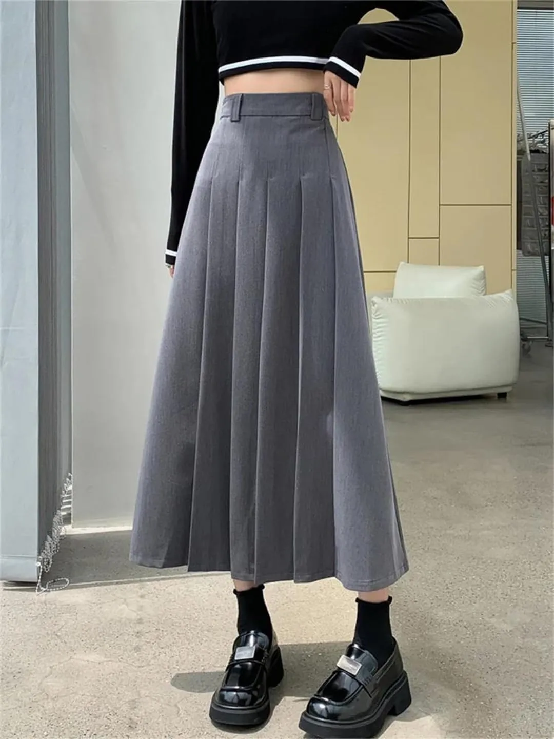 Women Pleated Suit Skirt Autumn Elegant Solid All-Match Office A Line High Waist Midi Long Skirt