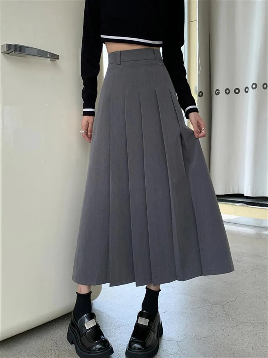 Women Pleated Suit Skirt Autumn Elegant Solid All-Match Office A Line High Waist Midi Long Skirt
