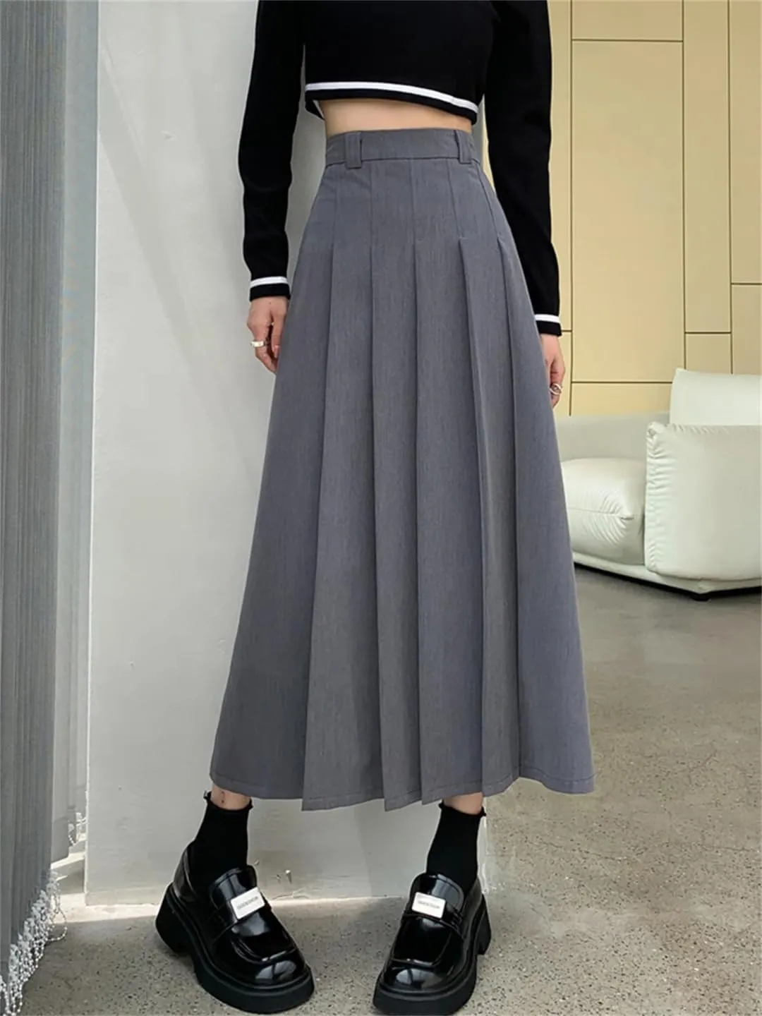 Women Pleated Suit Skirt Autumn Elegant Solid All-Match Office A Line High Waist Midi Long Skirt