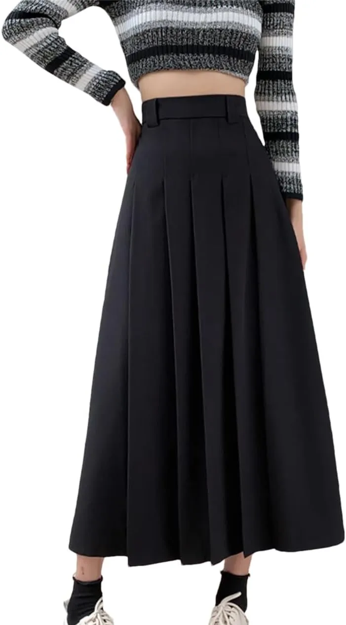Women Pleated Suit Skirt Autumn Elegant Solid All-Match Office A Line High Waist Midi Long Skirt