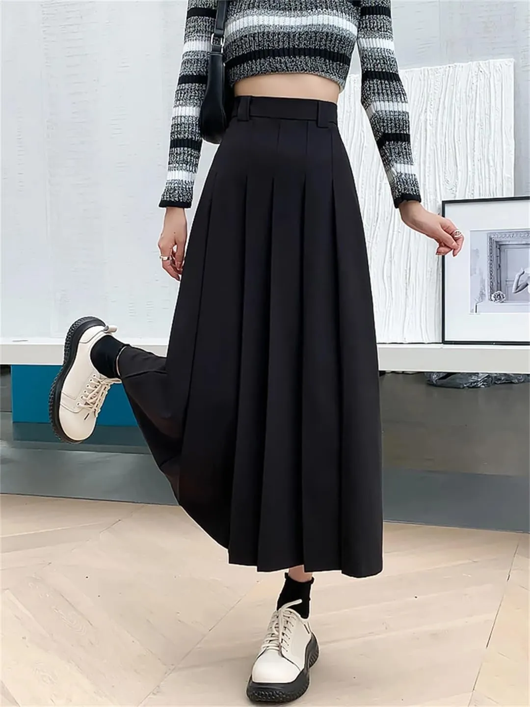 Women Pleated Suit Skirt Autumn Elegant Solid All-Match Office A Line High Waist Midi Long Skirt