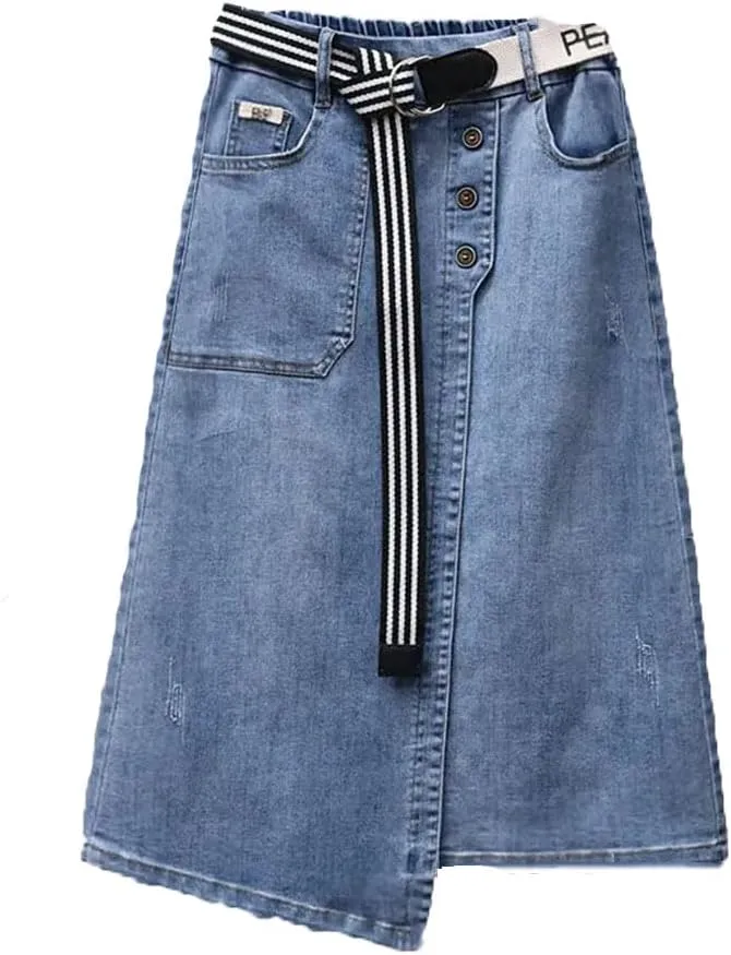 Women Slim Irregular Denim Skirt Casual High Waisted A-Line Buttocks Wrapped Skirts