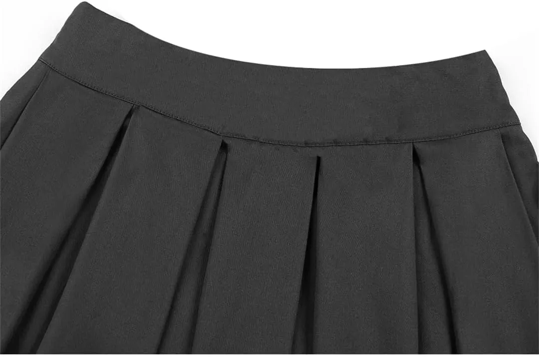 Women Solid Casual French Style High Waist Skirt Vintage Swing Pleated Skirts