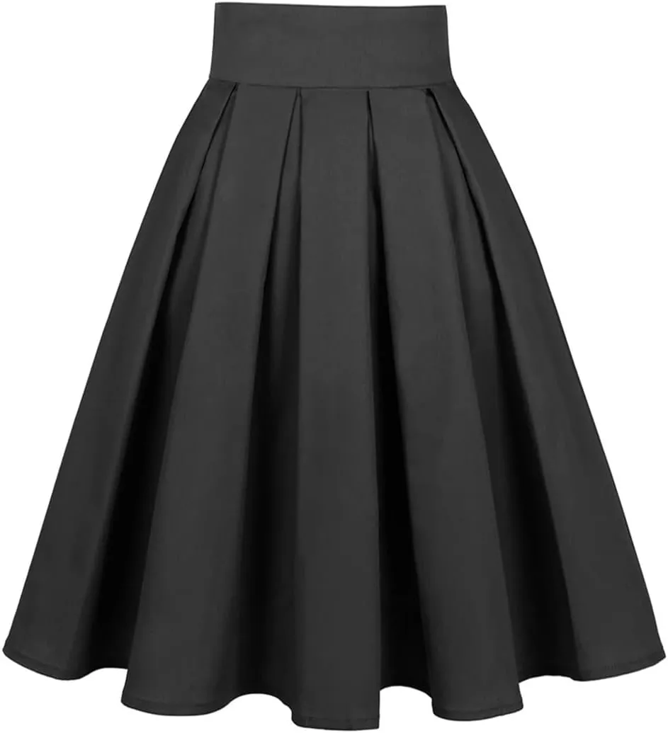 Women Solid Casual French Style High Waist Skirt Vintage Swing Pleated Skirts